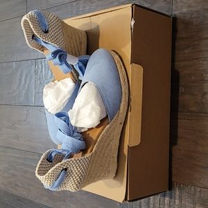 New J Crew Chambray Ankle Wrap Canvas Espadrille Wedges Size 6.5 Shoes